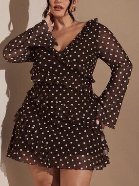 Brown Casual Women's Polka Dot Ruffle V-Neck High Waist Mini Dress